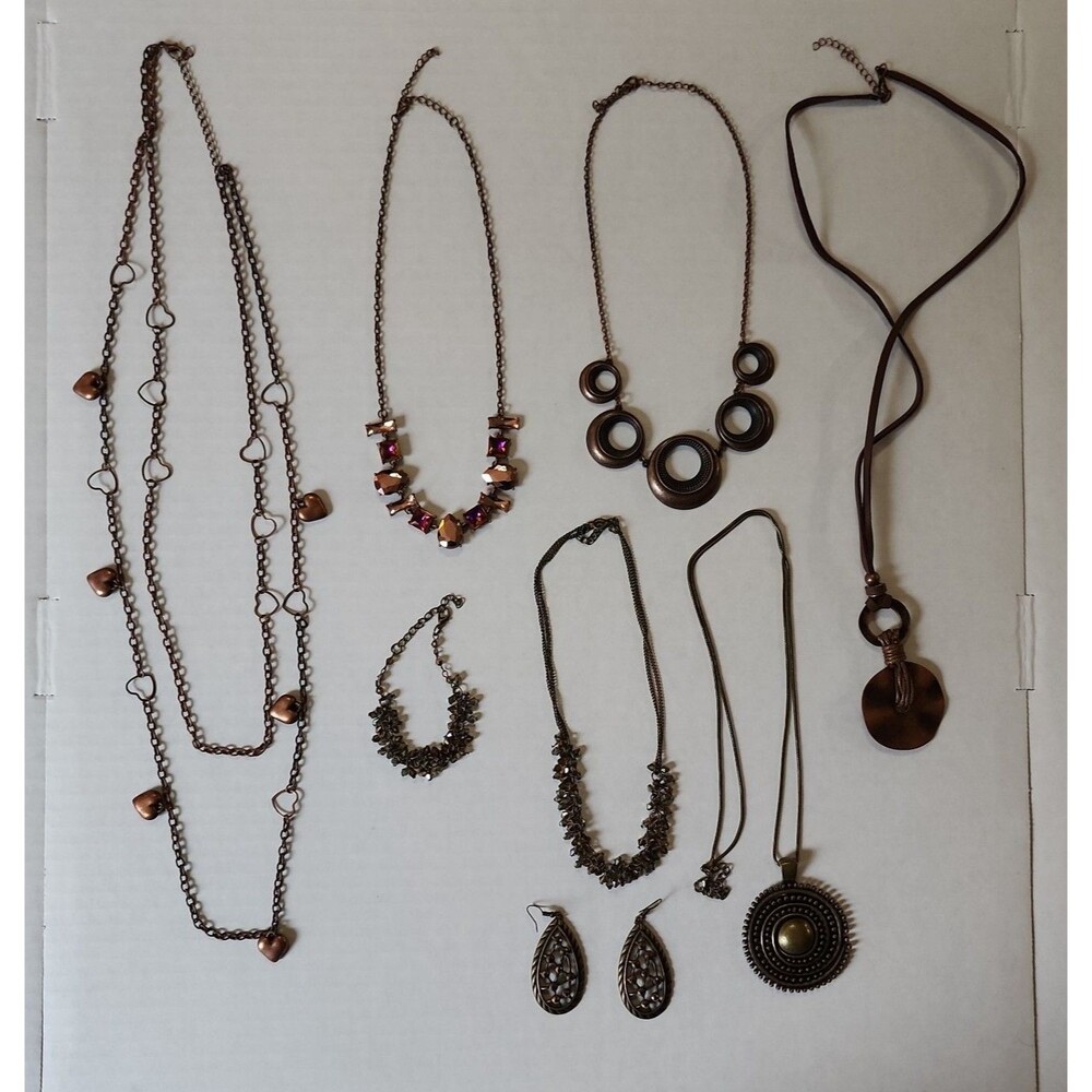 8-Piece Antique Bronze & Copper Jewelry Lot | Boho Heart & Medallion Bundle